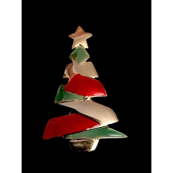 Vintage Danecraft Christmas Tree Brooch Pin Holiday Gold Tone Red Green Enamel S - Picture 2 of 10